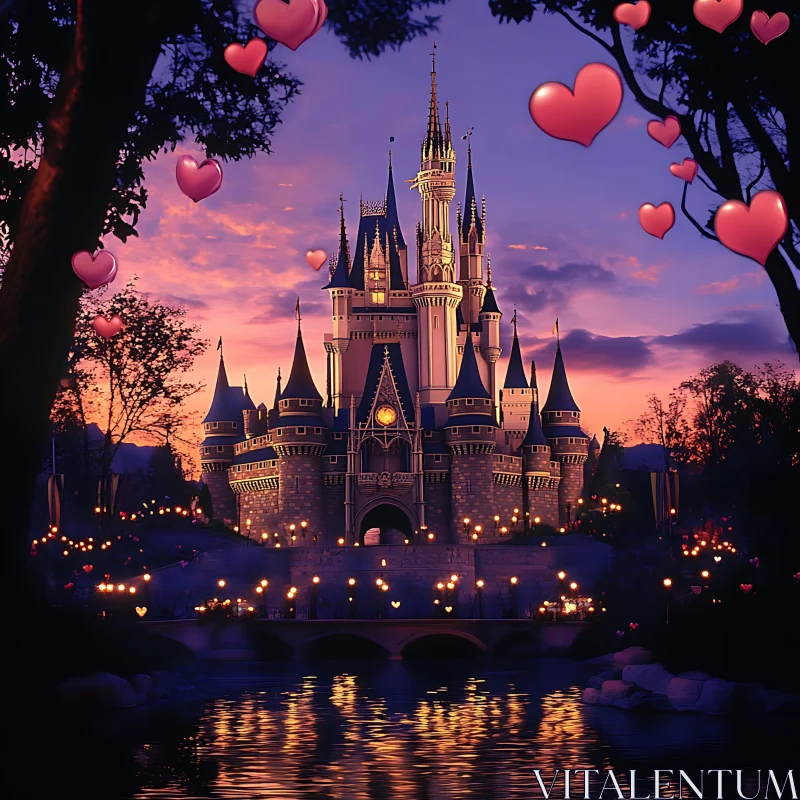 Fairytale Castle with Floating Hearts AI Image