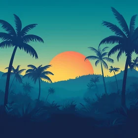 Sunset Landscape with Palm Trees