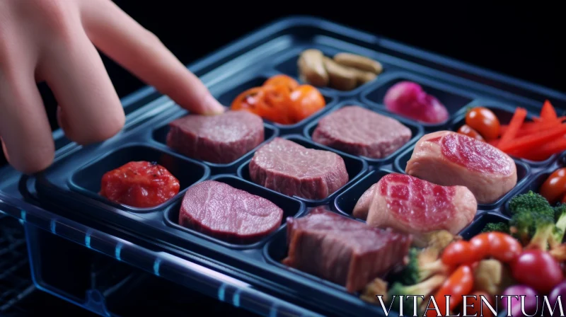 Exquisite Hand Removing Meat from Plastic Container - Neon Grids AI Image