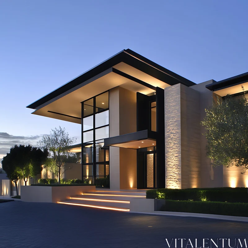 Elegant Contemporary Home with Night Lighting AI Image