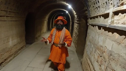 Man in Orange in Stone Tunnel