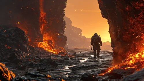 Mysterious Digital Painting of a Figure in a Fiery Fantasy Landscape