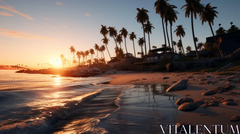 Serene Beach Sunset with Palm Trees - Photorealistic Landscape AI Image