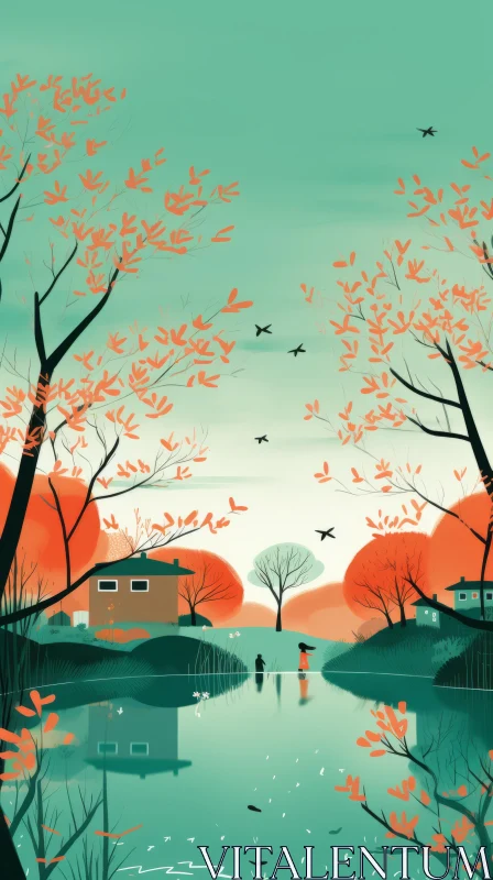 Vibrant Illustration of Red Trees in Traditional Chinese Landscape AI Image