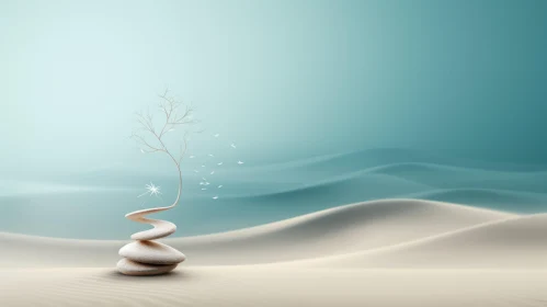 Zen-Influenced Surrealistic Desert Landscape - Stylized Tree and Beach Horizon