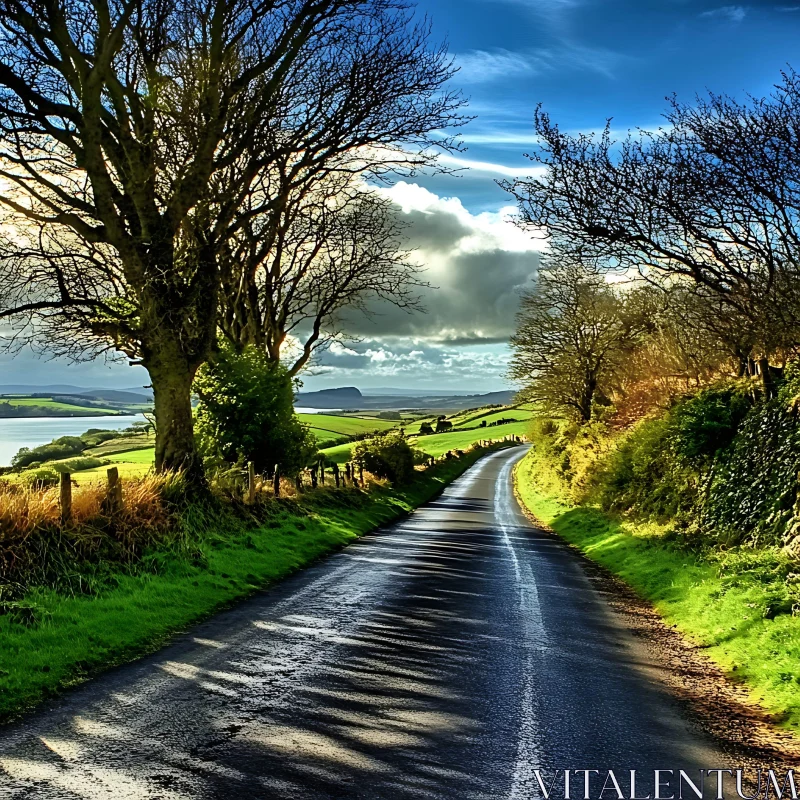 Serene Landscape with Wet Road and Partly Cloudy Sky AI Image