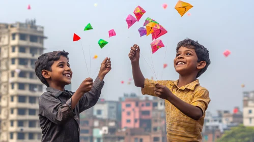 Boys Flying Kites in the City