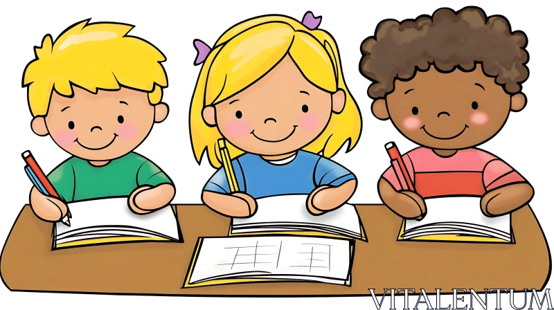 Cartoon Children Studying at School AI Image