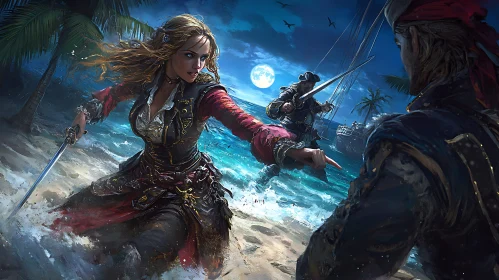 Moonlit Pirate Battle on the Shore