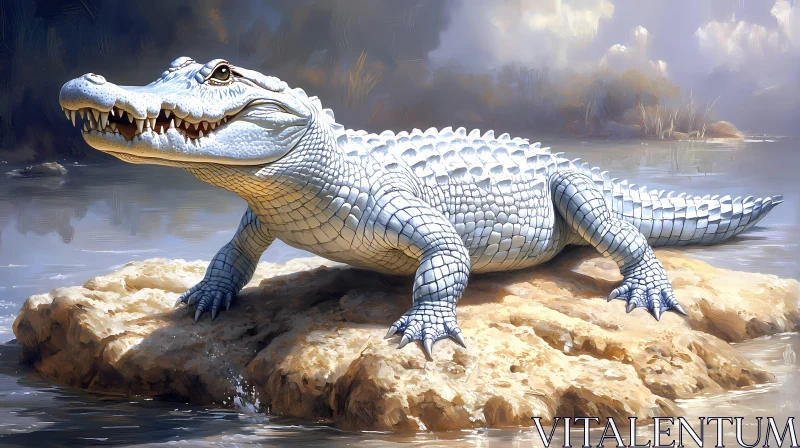 Albino Alligator by the Pond AI Image