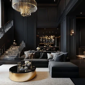 Sophisticated Dark Living Room with Marble Staircase and Gold Accents