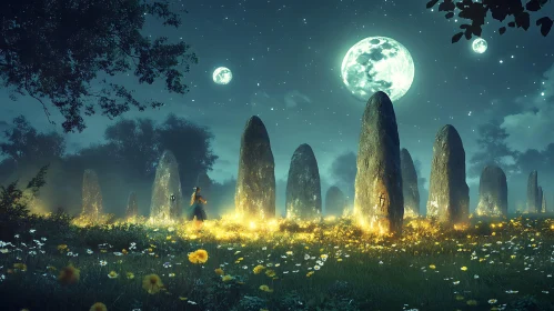 Moonlit Standing Stones in Wildflower Meadow