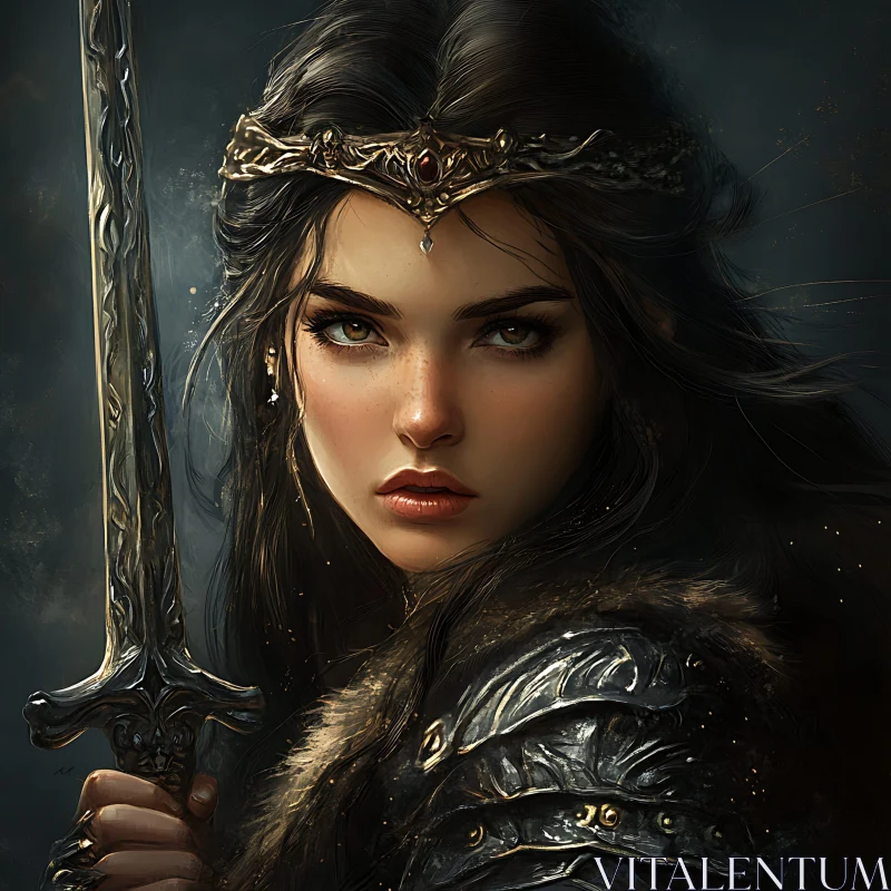 AI ART Female Warrior with Crown Holding Sword