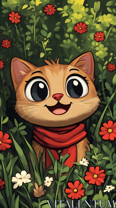 Happy Cat Amidst Blossoms AI Image