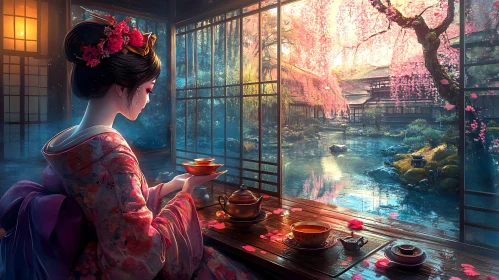Japanese Woman Enjoying Tea Ceremony