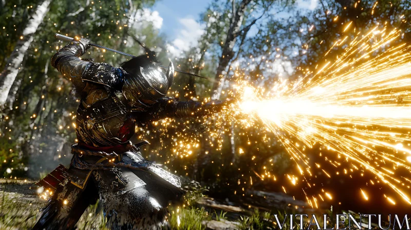 AI ART Armored warrior with sword sparks