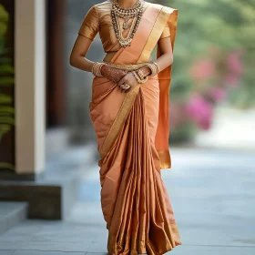 Peach Sari with Golden Embroidery