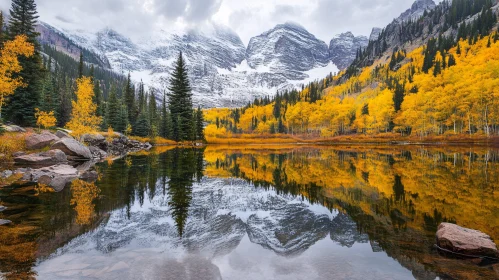 Majestic Autumn Scene with Reflective Lake and Mountains