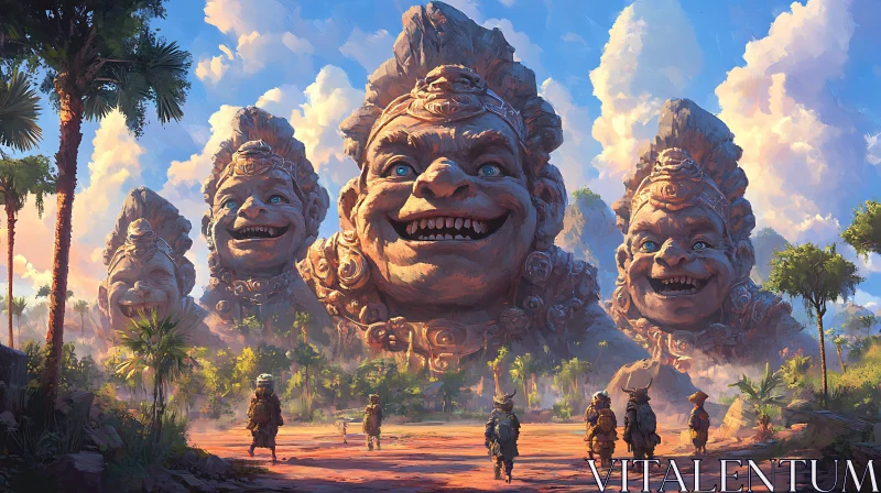 AI ART Colossal Stone Faces Smiling Travelers Art