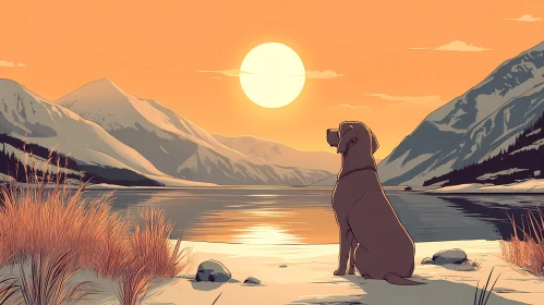 Peaceful Sunset Landscape with Dog