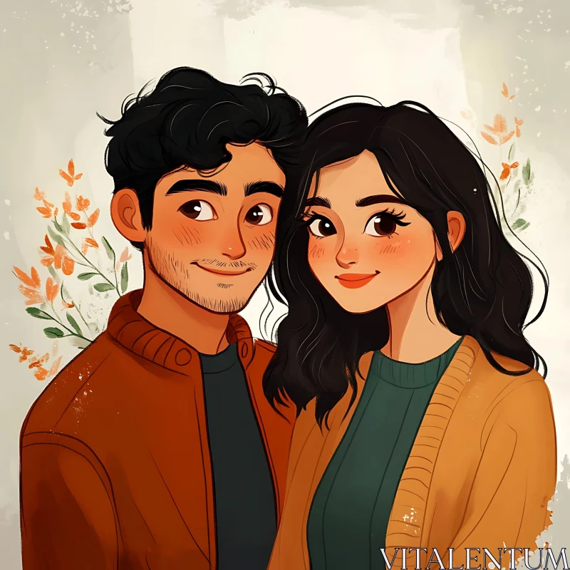 Whimsical Couple Cartoon Illustration AI Image