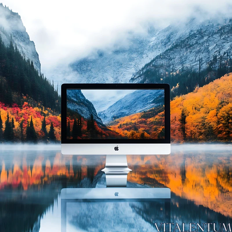 iMac with Mesmerizing Autumn Mountain Reflection AI Image