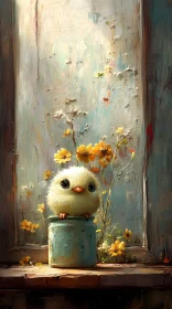 Fluffy Chick and Yellow Flowers