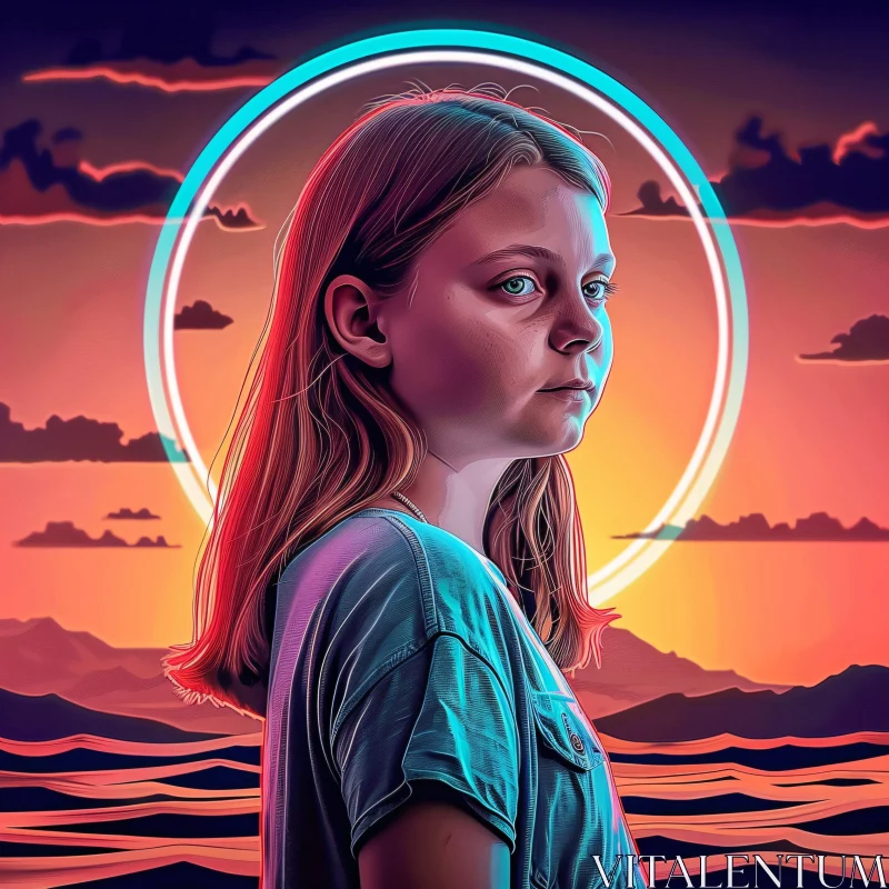 AI ART Greta Thunberg Profile at Sunset