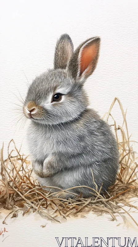 Fluffy Grey Bunny in Straw Nest AI Image