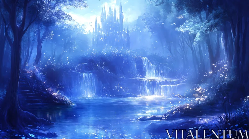 AI ART Blue Fantasy Landscape with Castle and Waterfalls