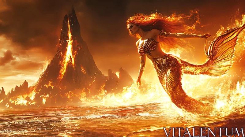 Mythical Mermaid and Volcanic Eruption Art AI Image