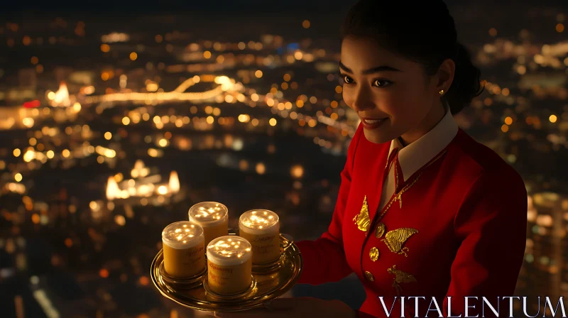 Night Cityscape with Woman Holding Tray of Candlelit Drinks AI Image