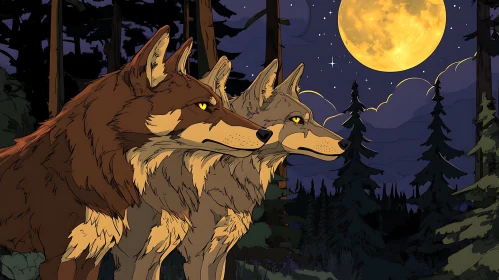 Two Wolves in the Night Forest
