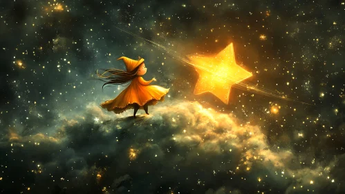 Girl and Star in Dreamy Sky