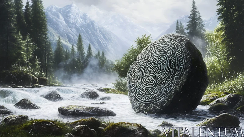 Mystic Carved Stone in Nature AI Image