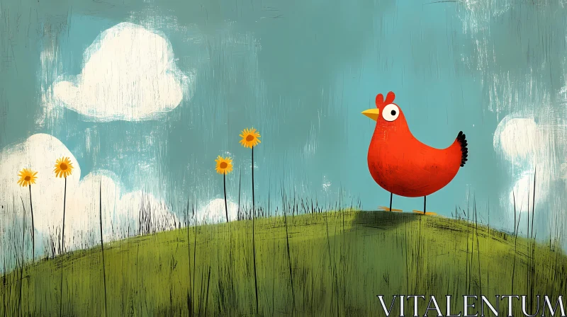 AI ART Playful Red Chicken and Gentle Sky