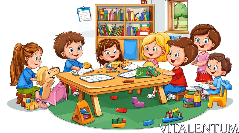 Kids Learning Together Cartoon Art AI Image