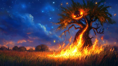 Enchanted Fiery Tree Under the Starry Sky