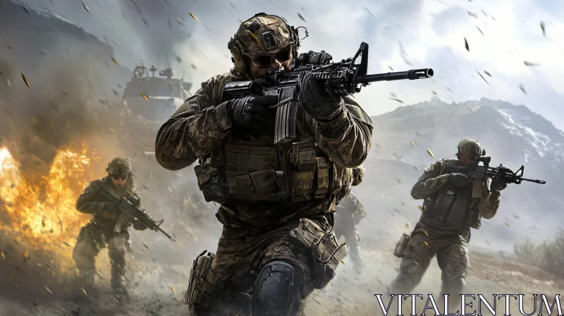 Military Combat Scene: Soldiers Under Fire AI Image