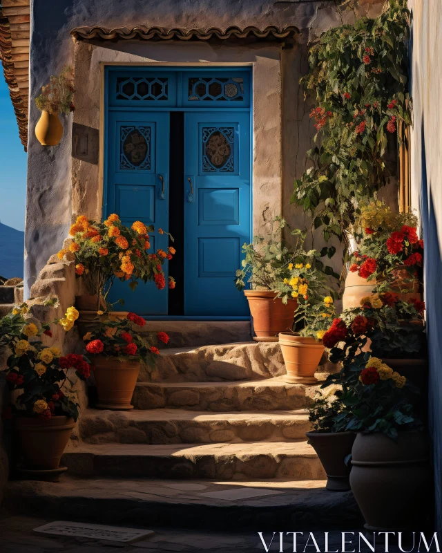 Picturesque Entrance with Stone Steps and Flowers AI Image