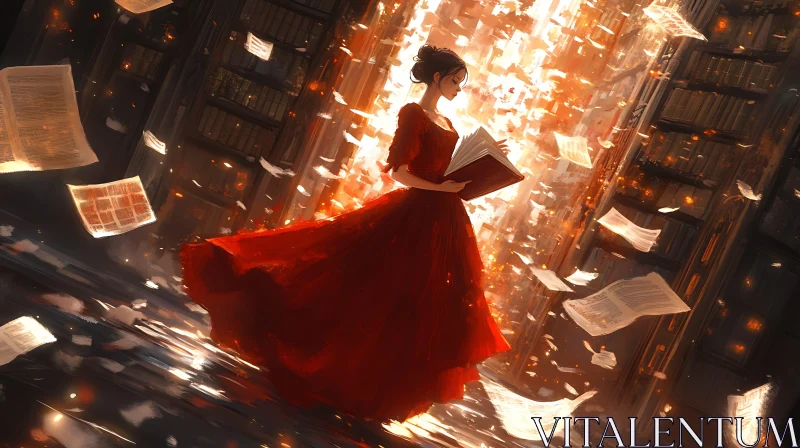 AI ART Woman Reading Book in Fantasy Library