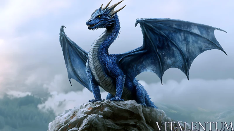 AI ART Fantasy Blue Dragon on Mountain Peak