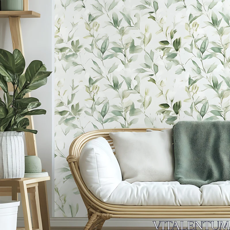 Botanical Wallpaper and Rattan Loveseat in Cozy Interior AI Image