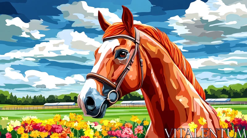 Beautiful Horse in Flower-Filled Landscape AI Image