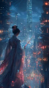 Asian Woman in Futuristic City