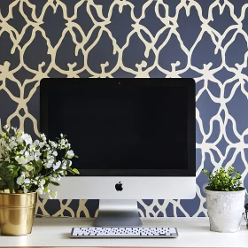 Minimalist Office Decor with Stylish Computer and Potted Plants