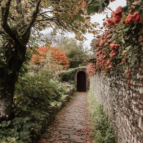 Charming Garden Path with Lush Greenery and Flowers