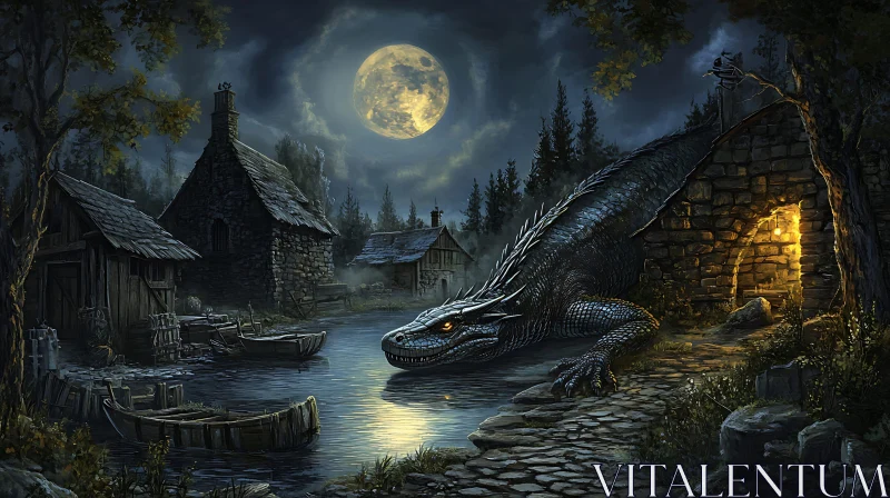 AI ART Moonlit Dragon by the Riverside Village