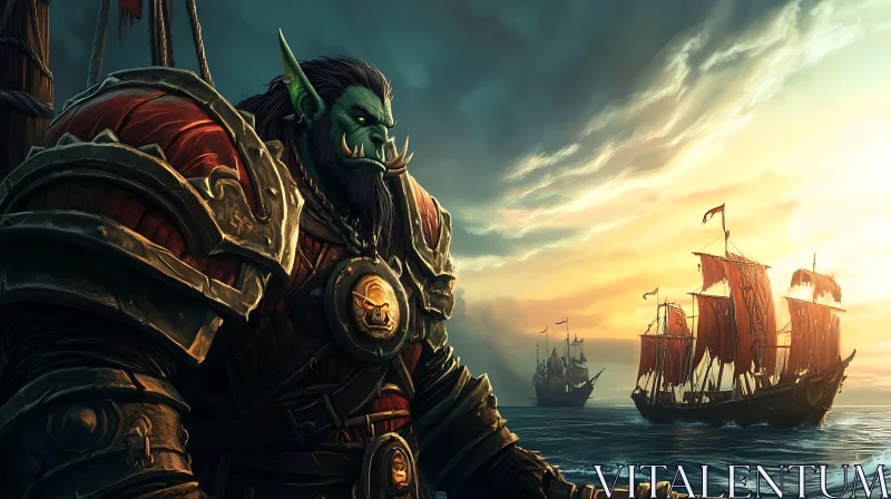 AI ART Fantasy Orc on Ship at Sunset