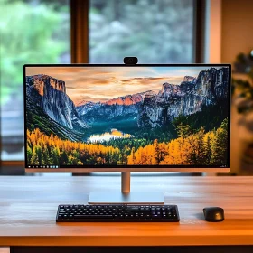Workspace with Beautiful Nature Background on Desktop